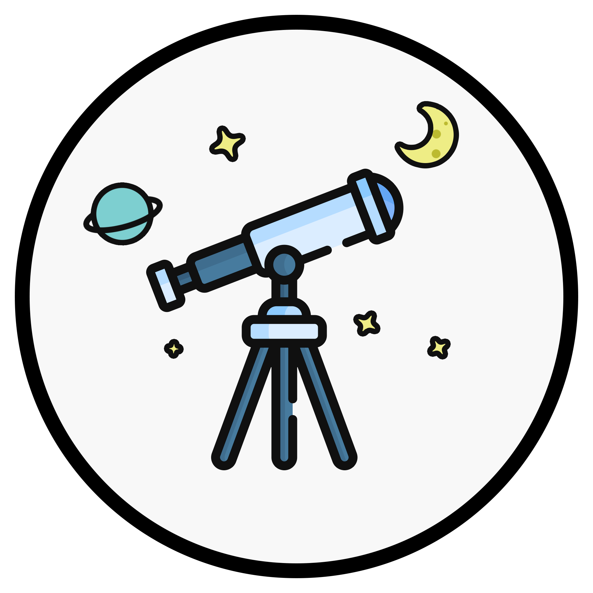A cartoon logo of a telescope and moon with planets and stars